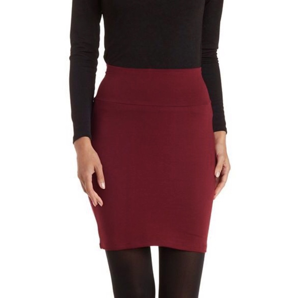 High Waisted Pencil Bodycon Skirt Red Burgundy